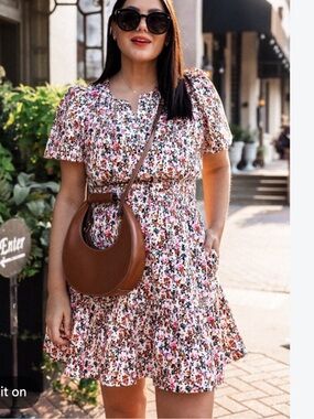 Anthropologie Floral Short Sleeve Dress - White with Pink & Orange
